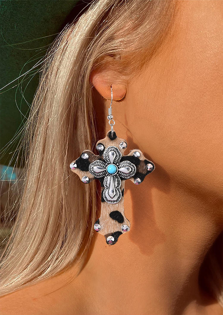 

Leopard Cross Rhinestone Hook Earrings, Multicolor, SCM004021
