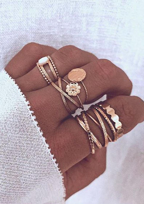 

8Pcs Floral Geometric Hollow Out Alloy Ring Set, Gold, SCM004148