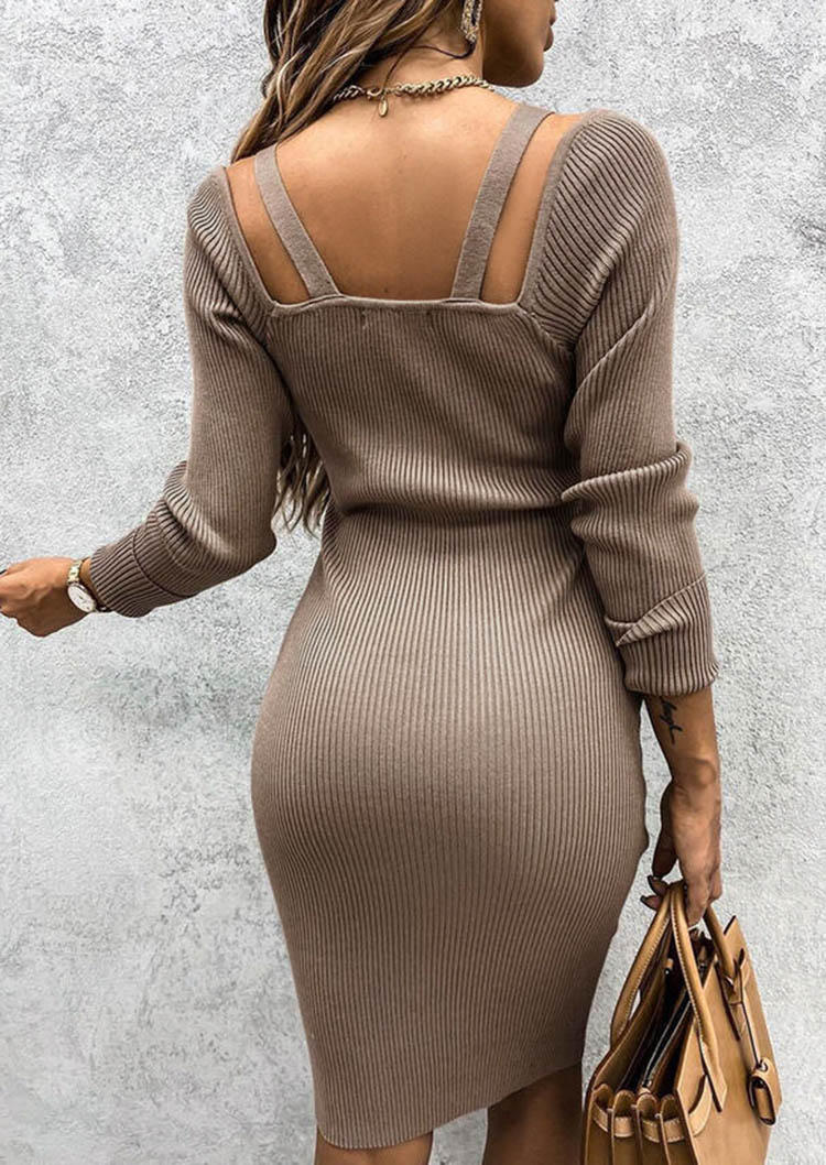 Knitte Open Back Long Sleeve Bodycon Dress - Brown