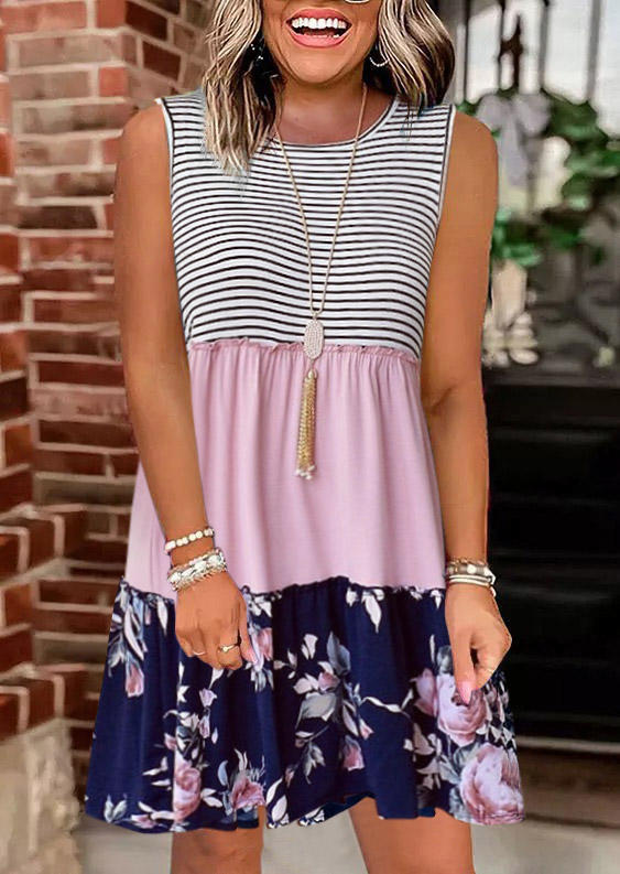 

Striped Floral Color Block Sleeveless Mini Dress, Multicolor, SCM004314