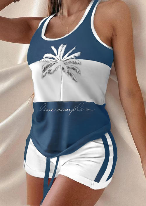 

Live Simple Coconut Tree Racerback Tank And Drawstring Shorts Two-Piece Set - Blue, SCM004331