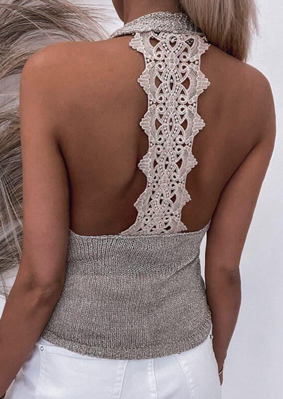 

Lace Splicing Halter Open Back Tank - Apricot, SCM004369