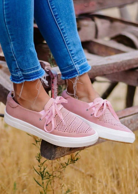 Hollow Out Lace Up Flat Sneakers - Pink