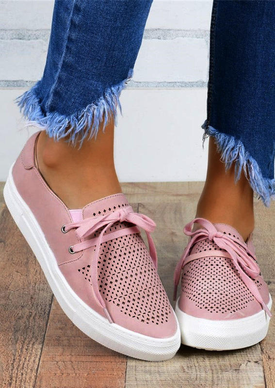 

Hollow Out Lace Up Flat Sneakers - Pink, SCM003843