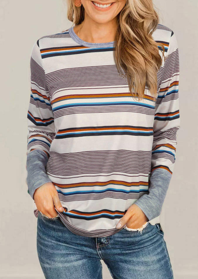 

Colorful Striped Long Sleeve Blouse, Multicolor, SCM004034