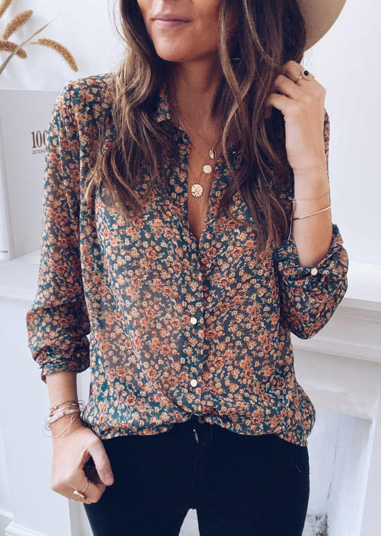 

Floral Button Turn-down Collar Shirt, Multicolor, SCM004045