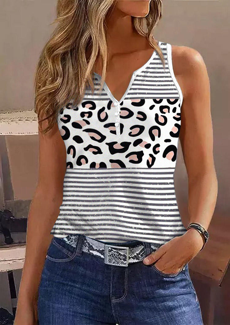 

Leopard Striped Button Notched Neck Tank, Multicolor, SCM004113