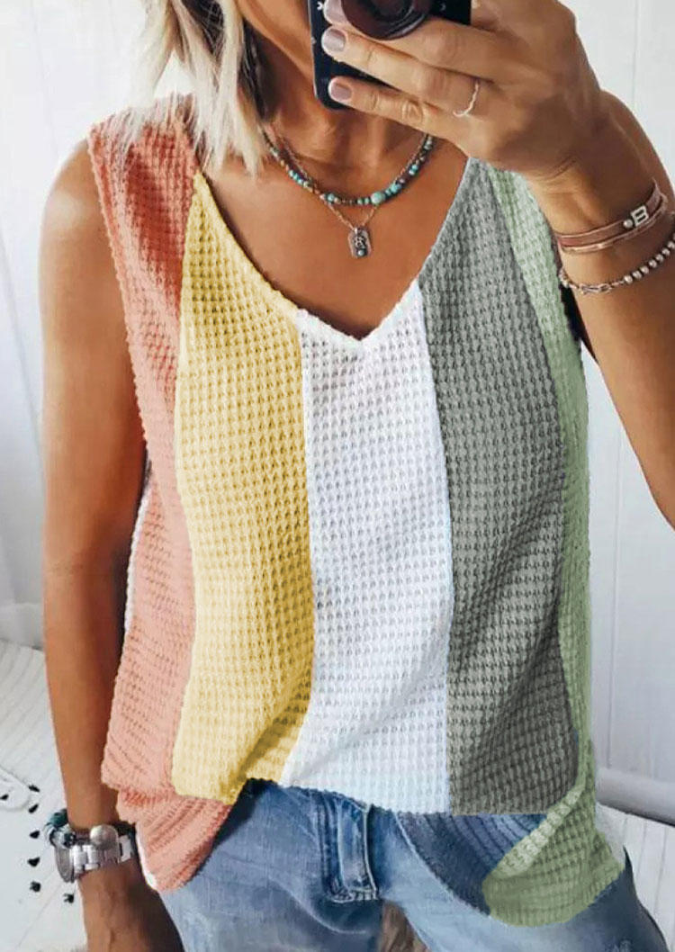 

Color Block Waffle V-Neck Tank, Multicolor, SCM004295