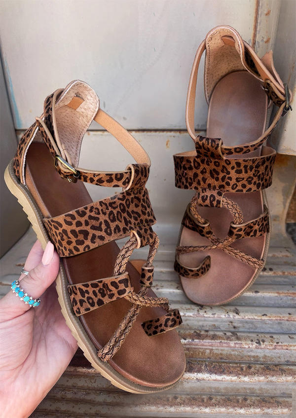 

Leopard Toe Ring Buckle Strap Flat Sandals, SCM004333