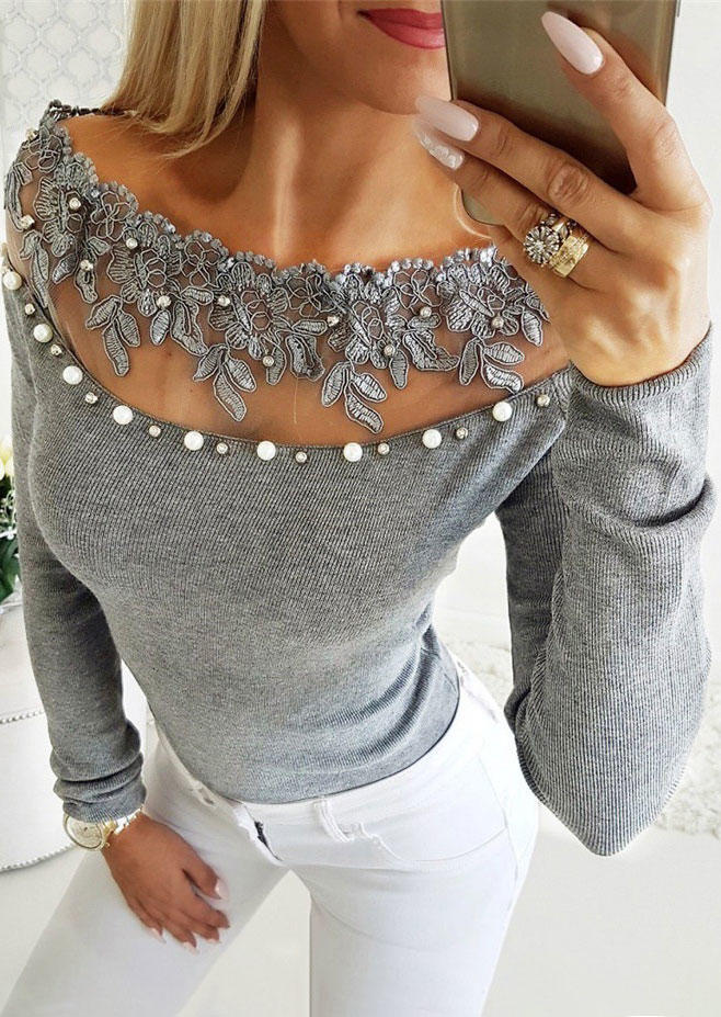 

Lace Splicing Pearls Beaded Long Sleeve Blouse - Gray, SCM004376