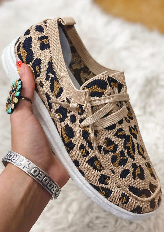 

Leopard Lace Up Round Toe Flat Sneakers, SCM004437