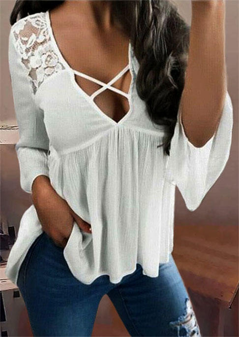 Lace Splicing Criss-Cross Flare Sleeve Blouse - White