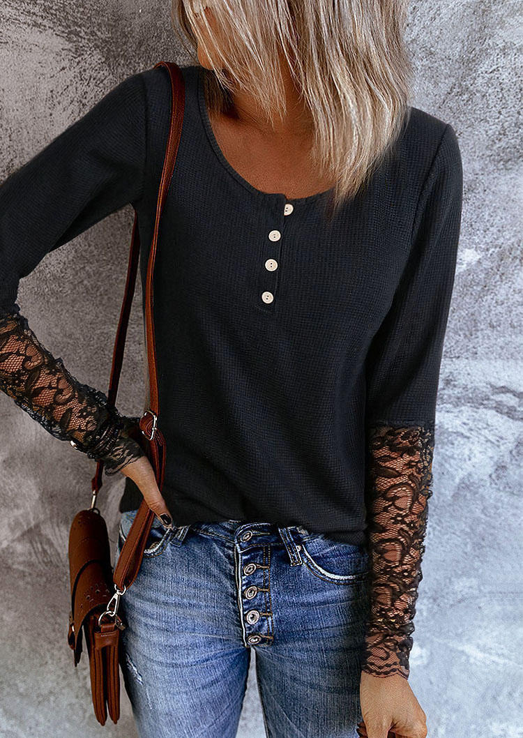 

Lace Splicing Button Long Sleeve Blouse - Black, SCM004037