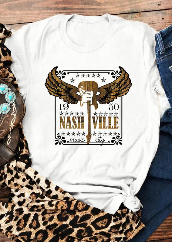 

Nashvlle Music City Guitar O-Neck T-Shirt Tee - White, SCM004212