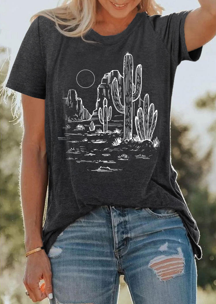 

Cactus Desert O-Neck T-Shirt Tee - Dark Grey, Gray, SCM004268