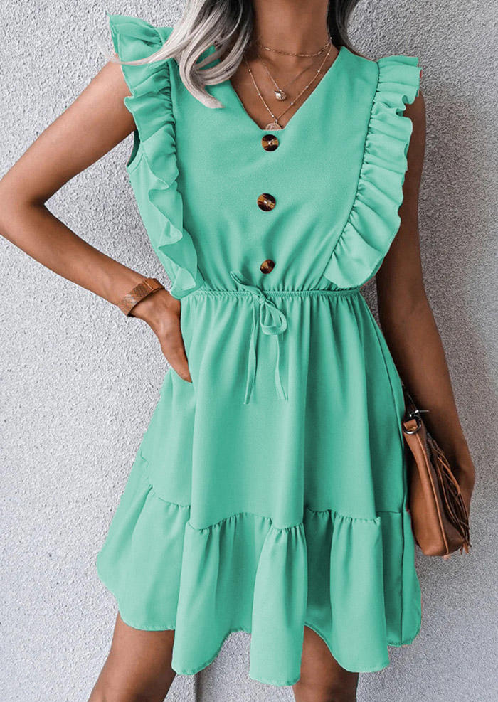 

Ruffled Button Sleeveless Mini Dress - Cyan, Blue, SCM004350