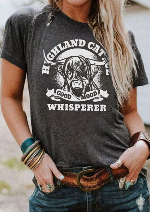 

Highland Cattle Whisperer Good Mood O-Neck T-Shirt Tee - Dark Grey, Gray, SCM004380