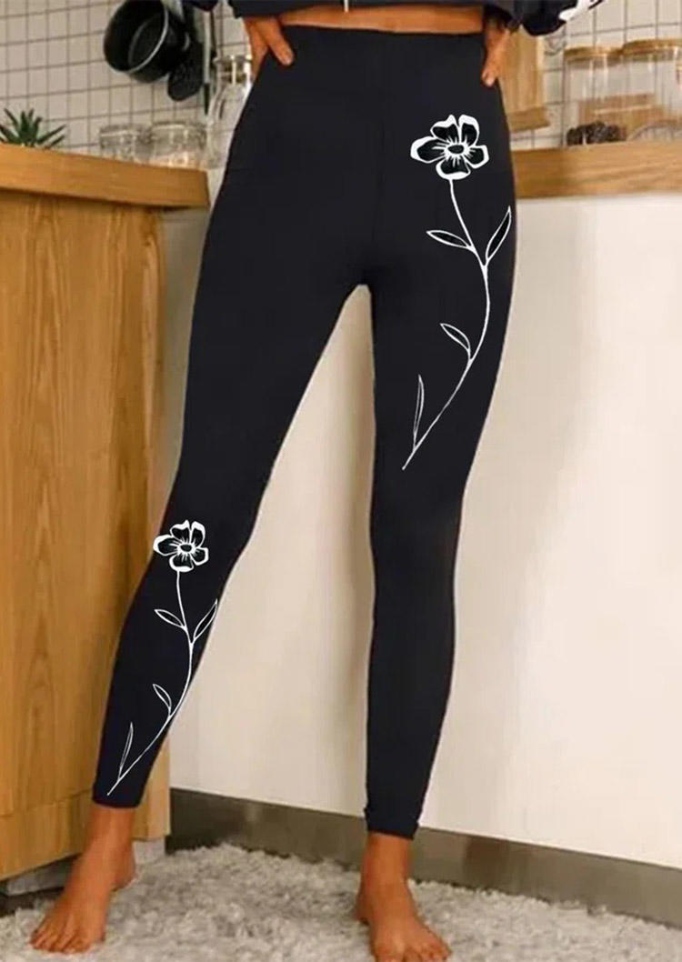 

Floral Elastic Waist Leggings - Black, SCM004460