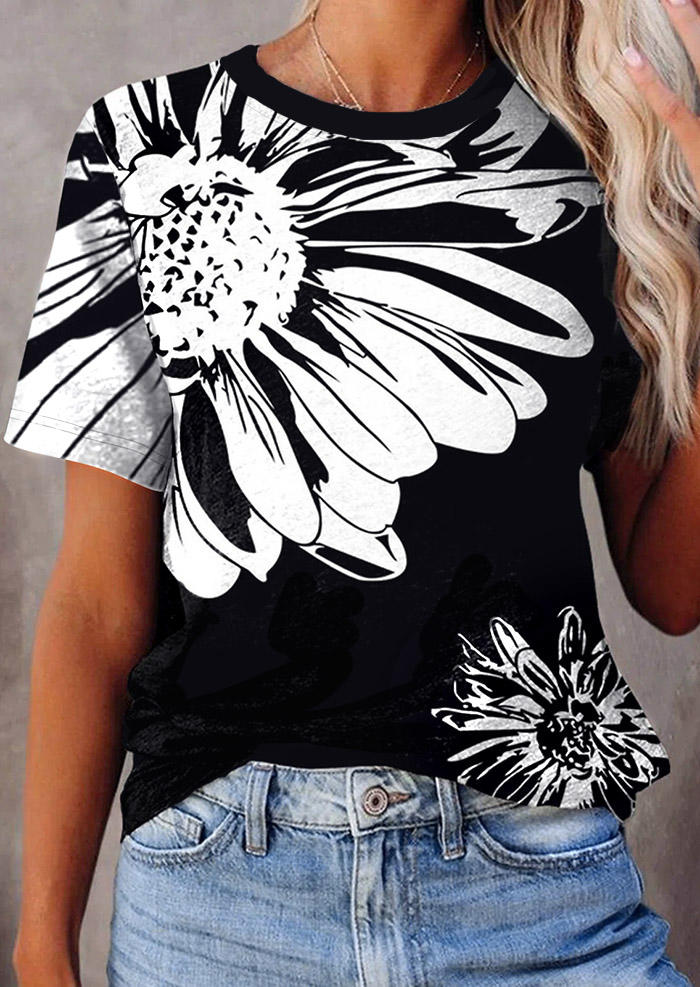 

Floral O-Neck Short Sleeve Blouse - Black, SCM003764