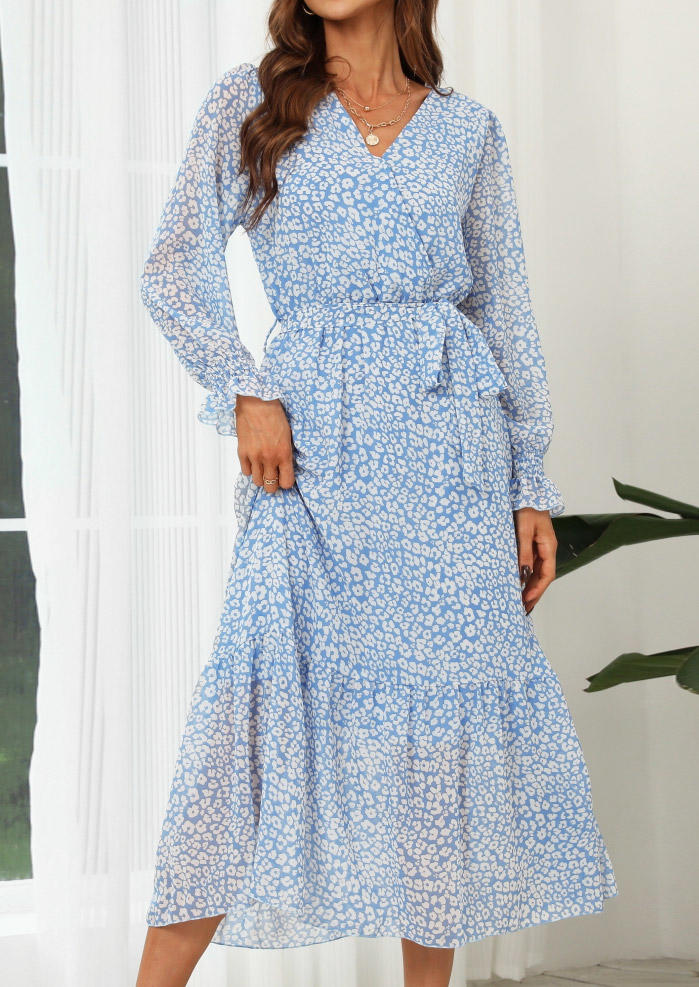 

Leopard Wrap Long Sleeve V-Neck Maxi Dress - Light Blue, SCM003800