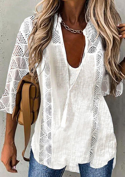 

Lace Splicing Hollow Out Tassel Casual Blouse - White, SCM003973