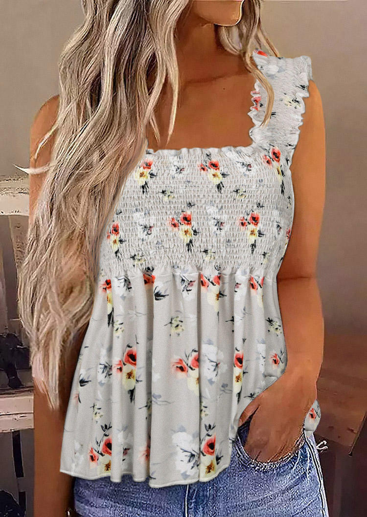 

Floral Smocked Ruffled Casual Tank - Light Grey, SCM004222