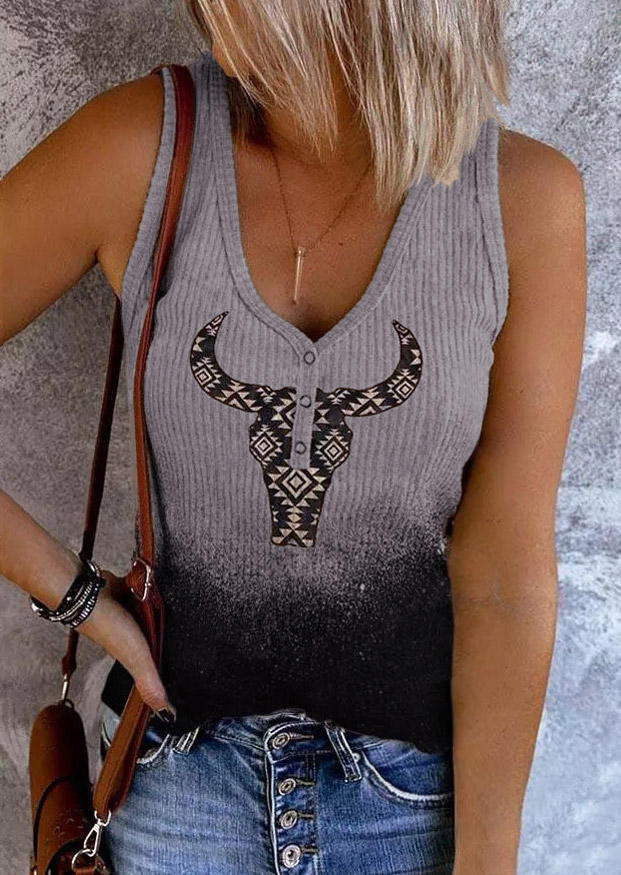 

Gradient Steer Skull Snap Button Tank - Gray, SCM004261