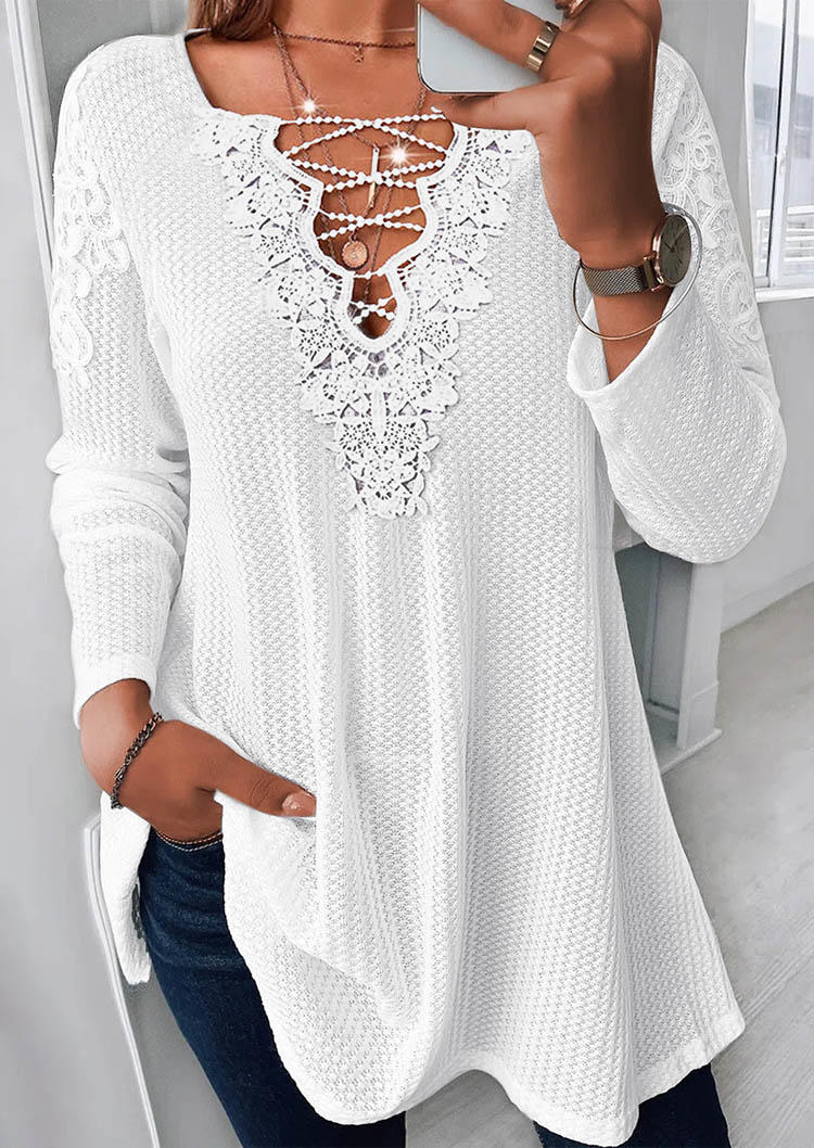 

Lace Splicing Criss-Cross Long Sleeve Blouse - White, SCM004311