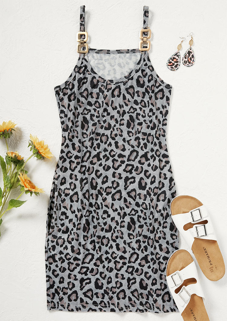 Leopard Pocket Metal Chain Spaghetti Strap Mini Dress