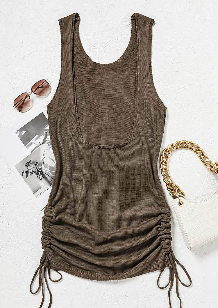 Drawstring Open Back O-Neck Mini Dress - Coffee