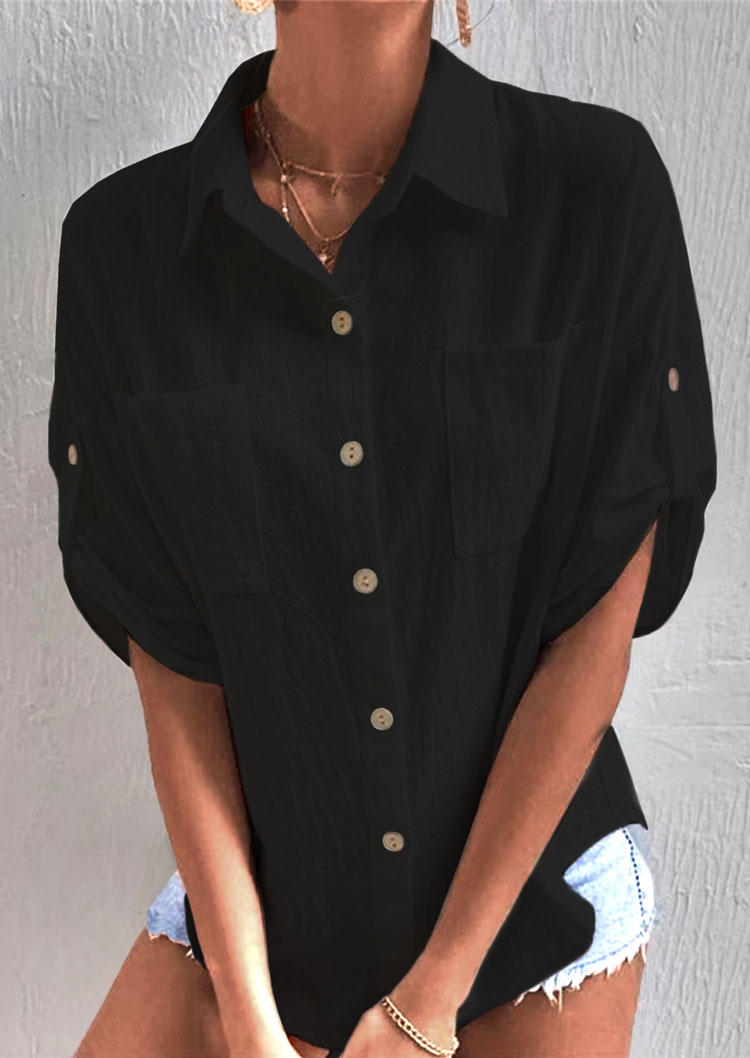 

Button Pocket Tab-Sleeve Turn-Down Shirt - Black, SCM004428