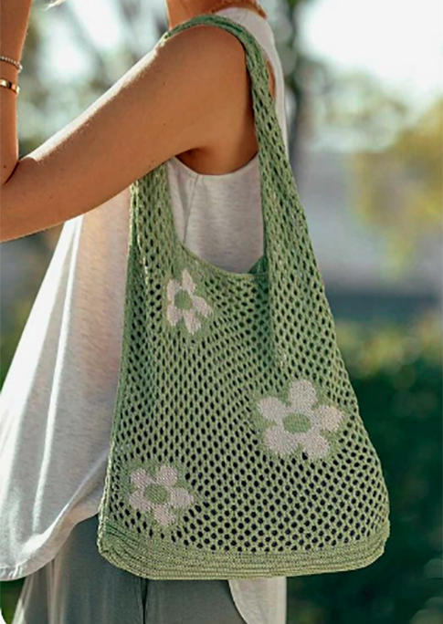 

Floral Hollow Out Tote Handbag, Green, SCM004434