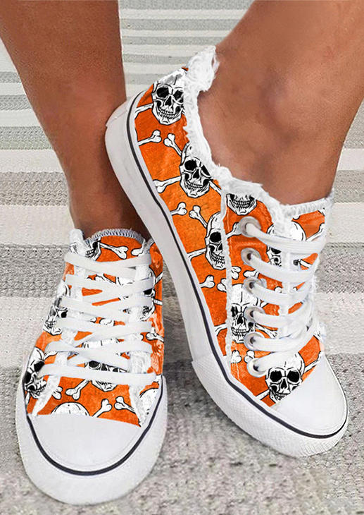 Halloween Skeleton Lace Up Flat Sneakers - Orange