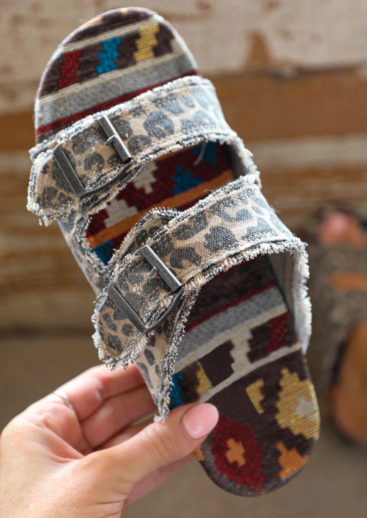 

Leopard Aztec Geometric Buckle Strap Flat Slippers, SCM004492