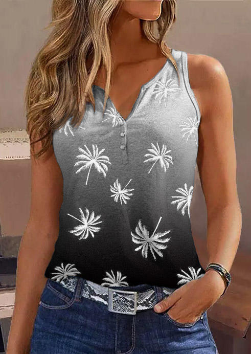 

Gradient Coconut Tree Button Notched Neck Tank, Multicolor, SCM004524