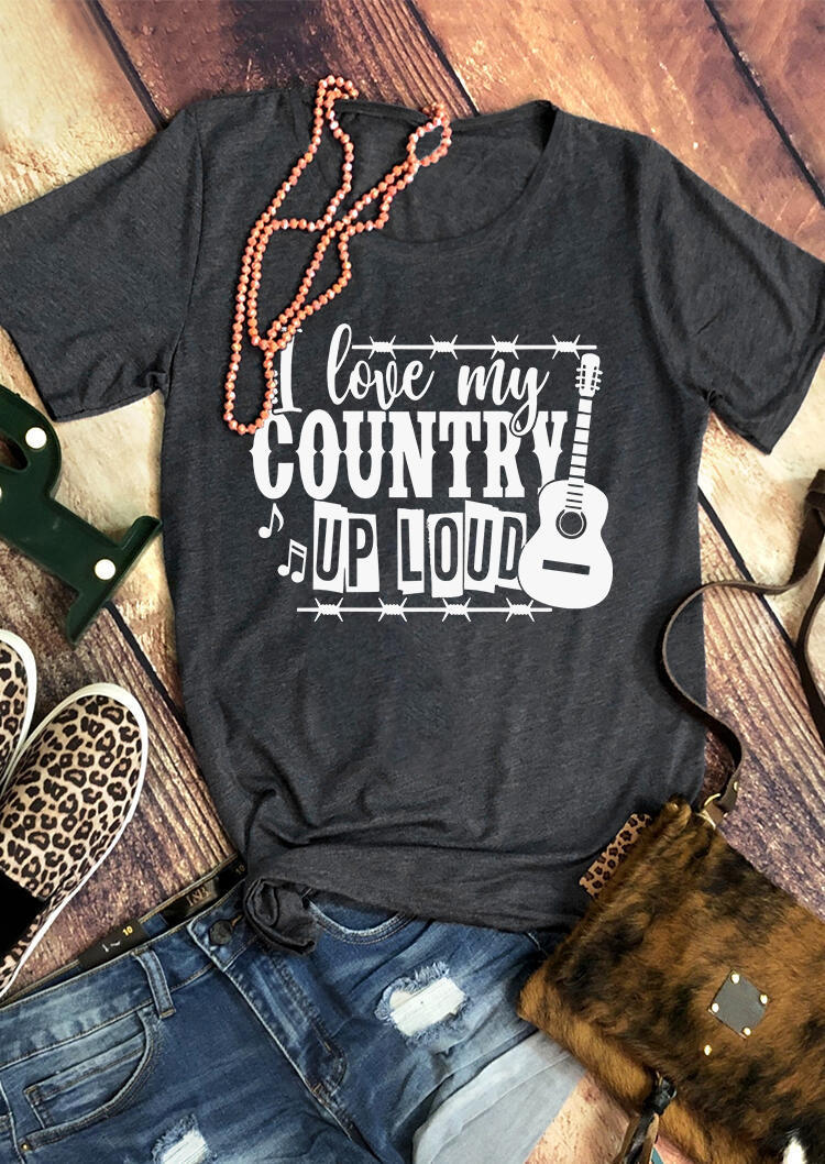 I Love My Country Up Load Guitar T-Shirt Tee - Dark Grey