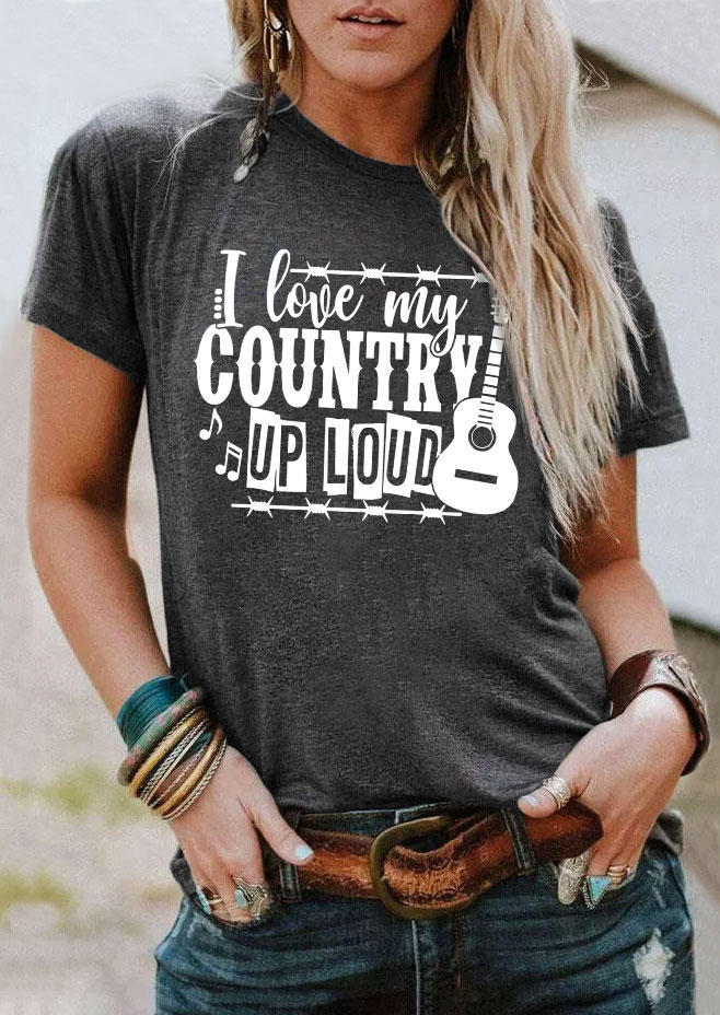 

I Love My Country Up Load Guitar T-Shirt Tee - Dark Grey, Gray, SCM004131