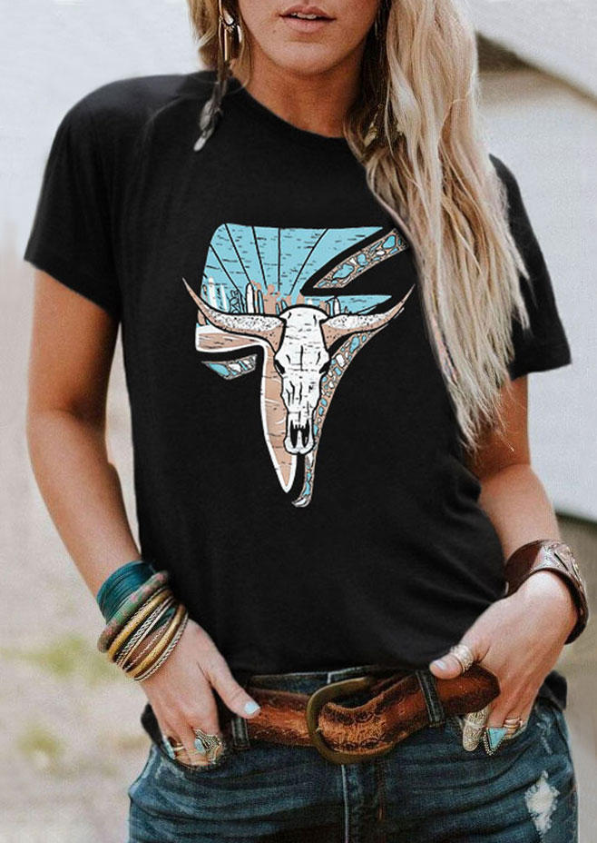 

Steer Skull Short Sleeve O-Neck T-Shirt Tee - Black, SCM004469