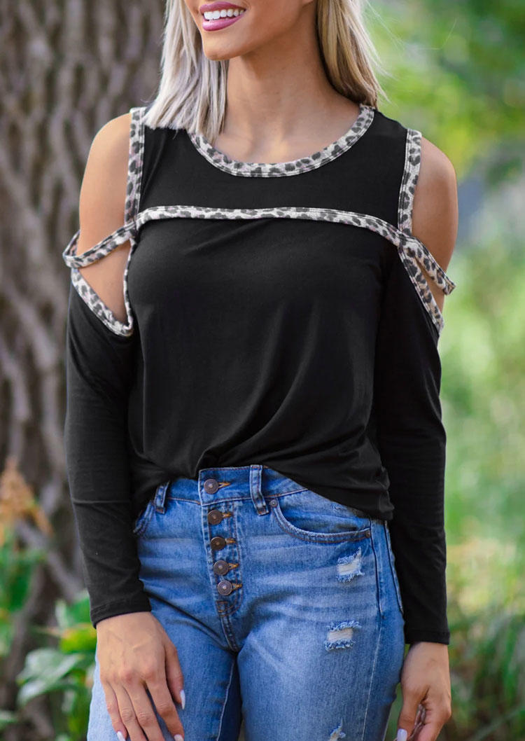 

Leopard Cold Shoulder O-Neck Blouse - Black, SCM004601