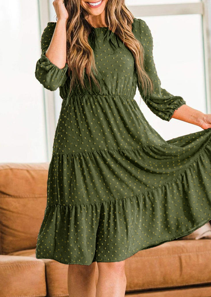 

Dotted Swiss Ruffled Three Quarter Sleeve Midi Dress - Army Green, SCM004000