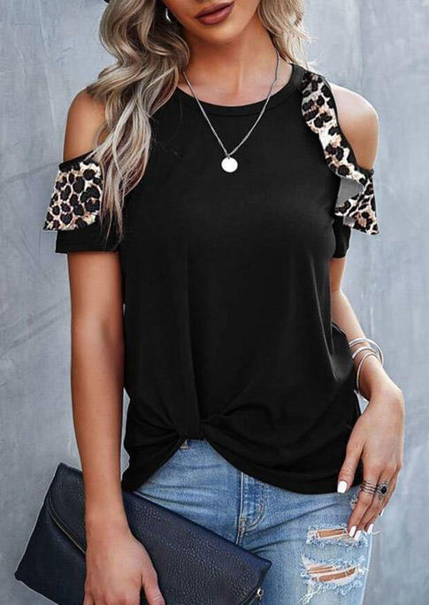 

Leopard Cold Shoulder O-Neck Blouse - Black, SCM004118