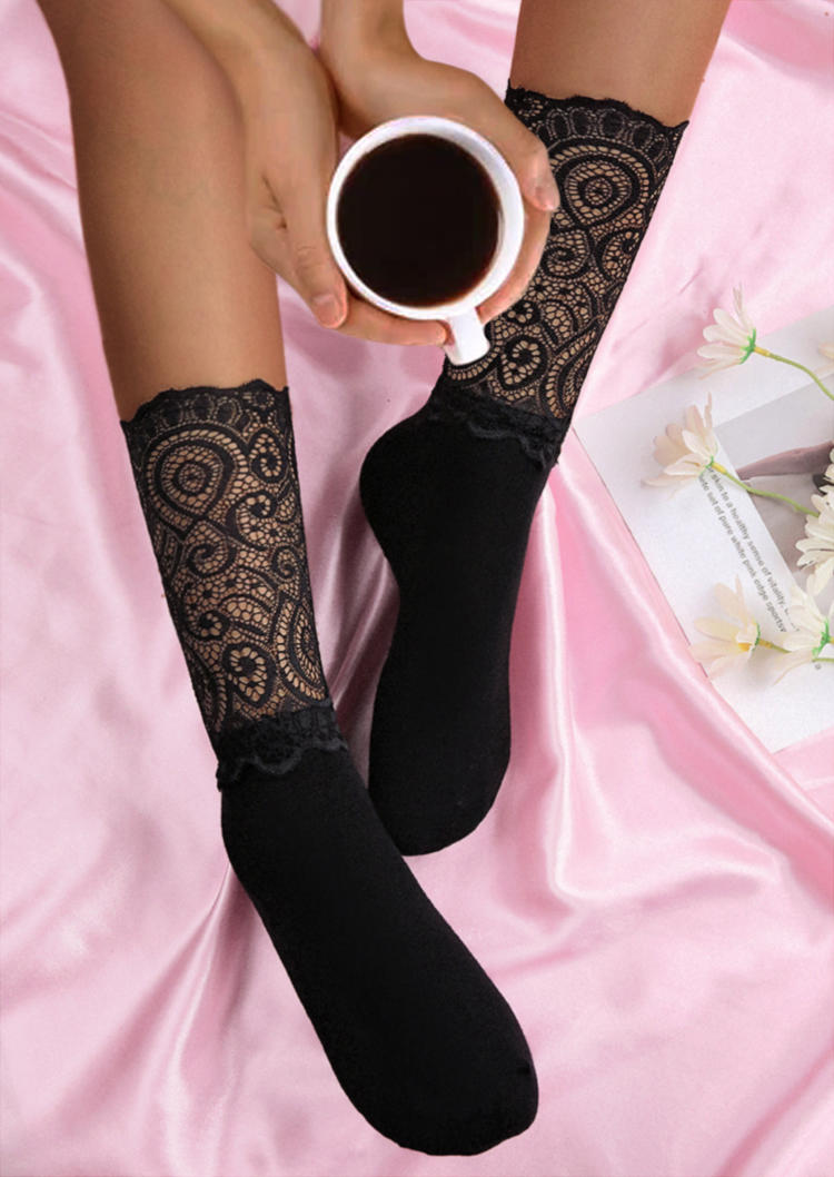 

Lace Splicing Casual Crew Socks, Black, SCM004297