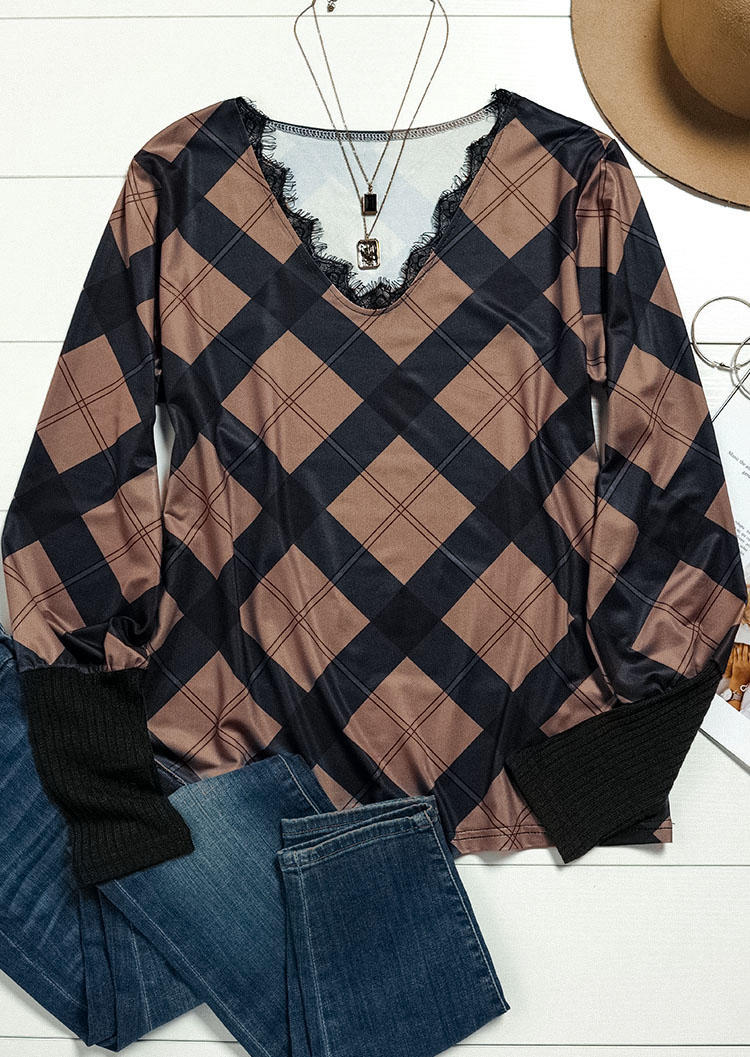 Lace Splicing Plaid Long Sleeve Blouse - Brown