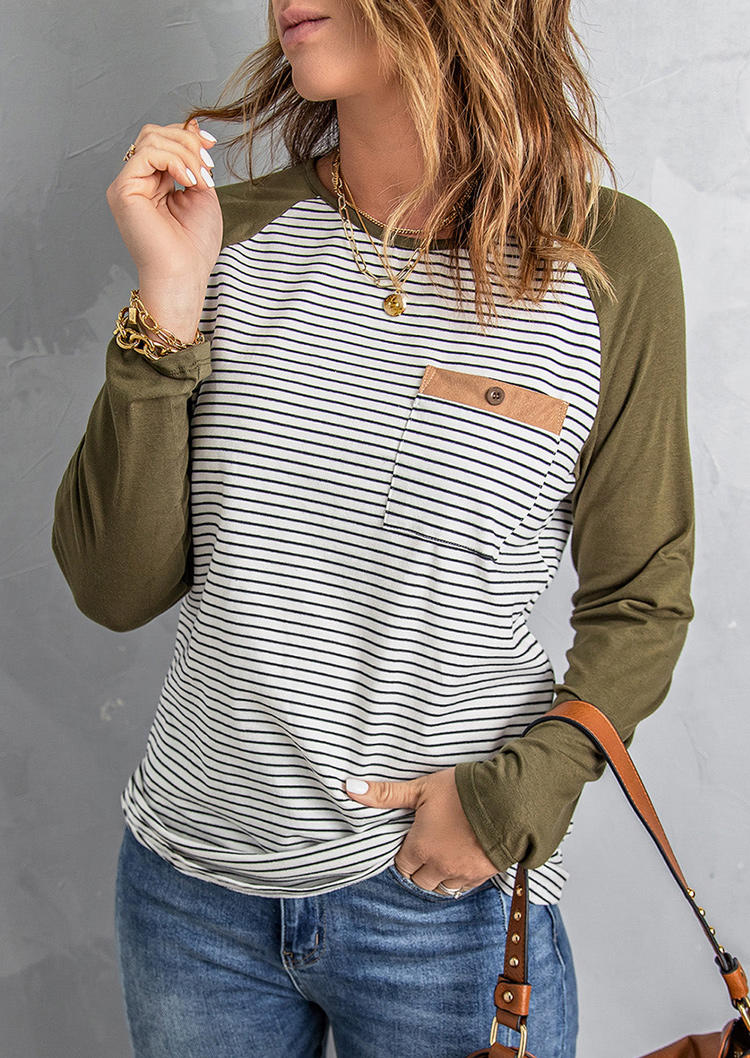 Striped Pocket Button Long Sleeve Blouse - Army Green