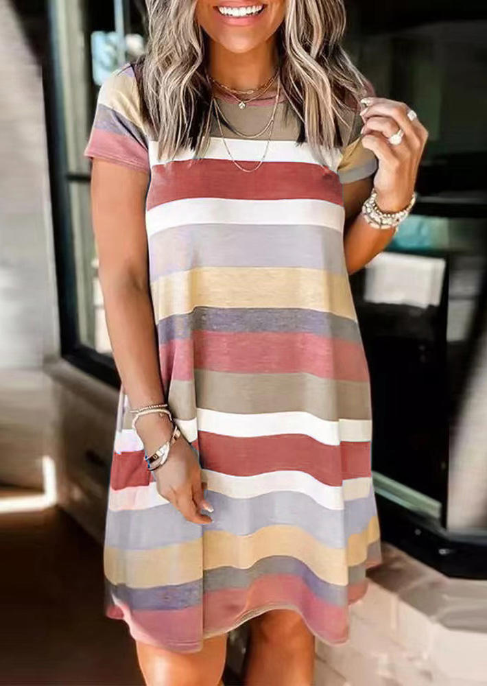 

Striped Pocket Short Sleeve O-Neck Mini Dress, Multicolor, SCM004474