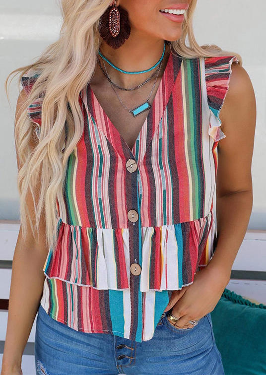 

Serape Striped Button Cap Sleeve V-Neck Blouse, Multicolor, SCM004231