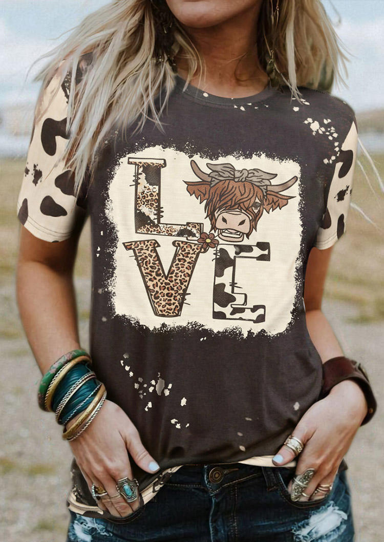 

Leopard Cow Highland Cattle Bleached T-Shirt Tee - Dark Grey, Gray, SCM004260