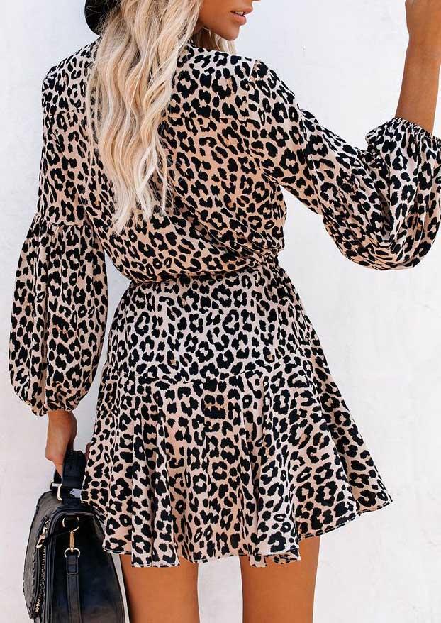 Leopard Button Three Quarter Sleeve Mini Dress