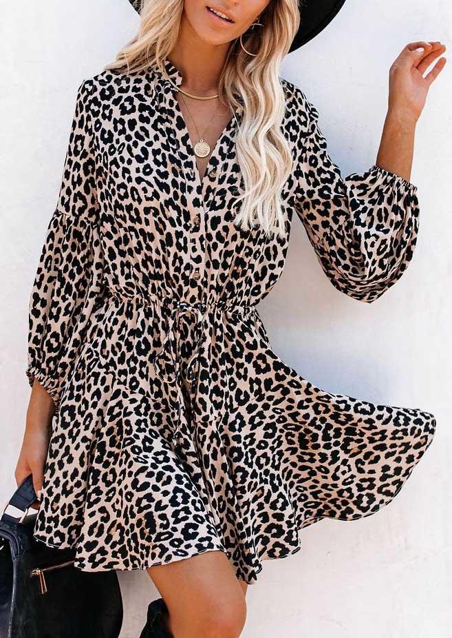 

Leopard Button Three Quarter Sleeve Mini Dress, Multicolor, SCM004278