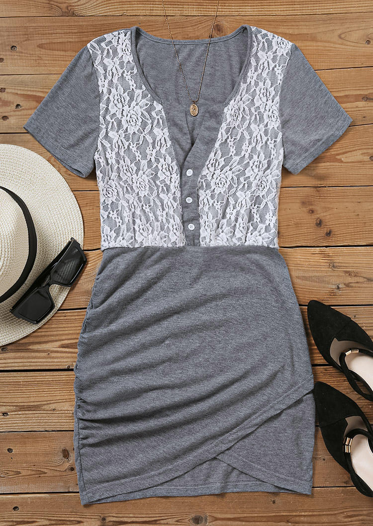 Lace Splicing Button Bodycon Dress - Gray